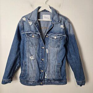 KanCan Size M Destructed Oversized Denim Button-Up Jacket Y2K Medium Wash